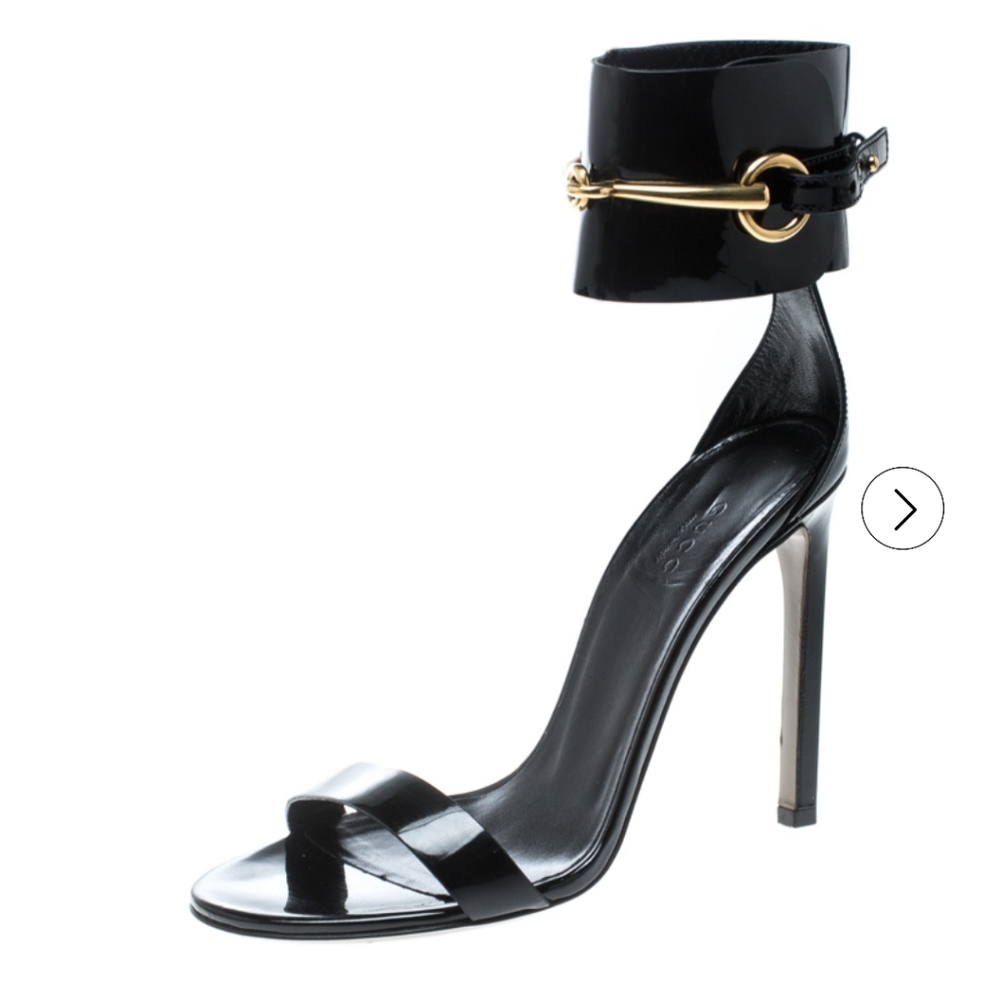 WOMEN'S GUCCI BLACK PATENT LEATHER HORESBIT ANKLE STRAP SHOES SANDALS HEELS BOX